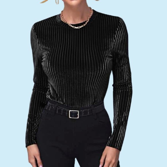 Shein Tops - Shein Ribbed Velvet Top Long Sleeve Black NEW 8/10